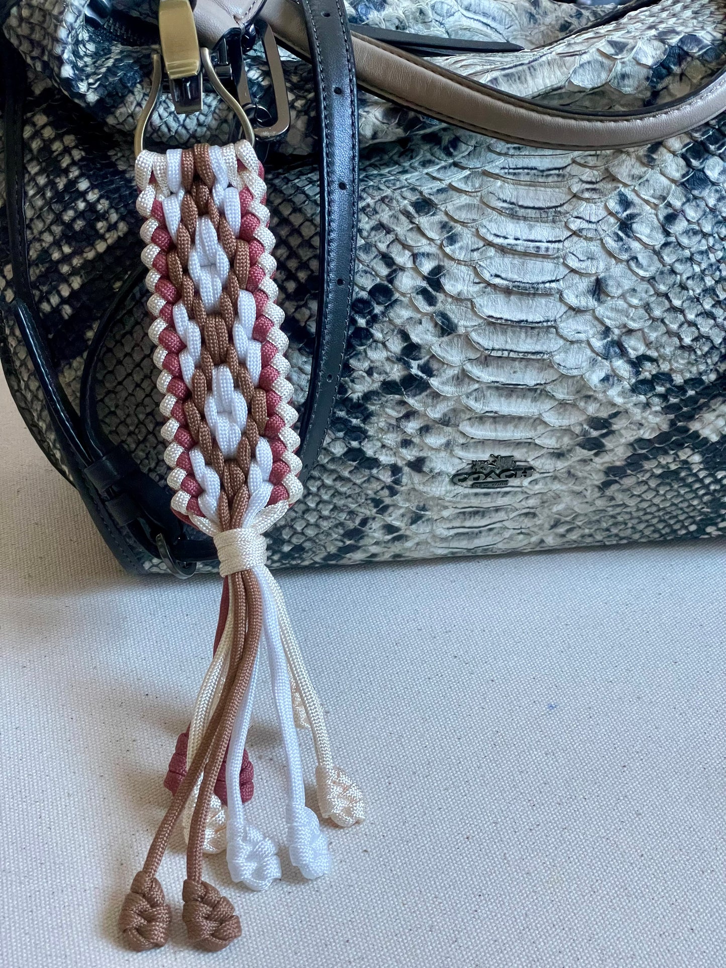 Macramé Paracord Keychain in Caramel Latte Diamond Pattern - Zaira Collection